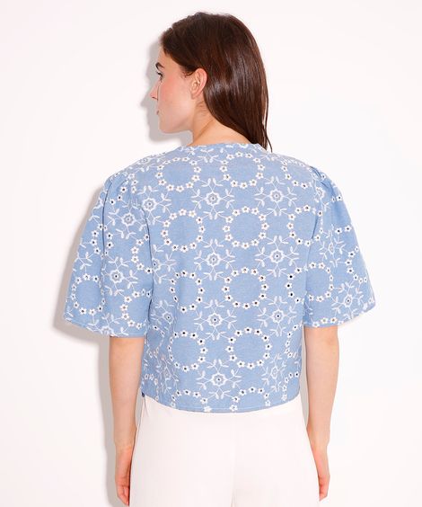 blusa jeans com laços e bordado floral mindset azul