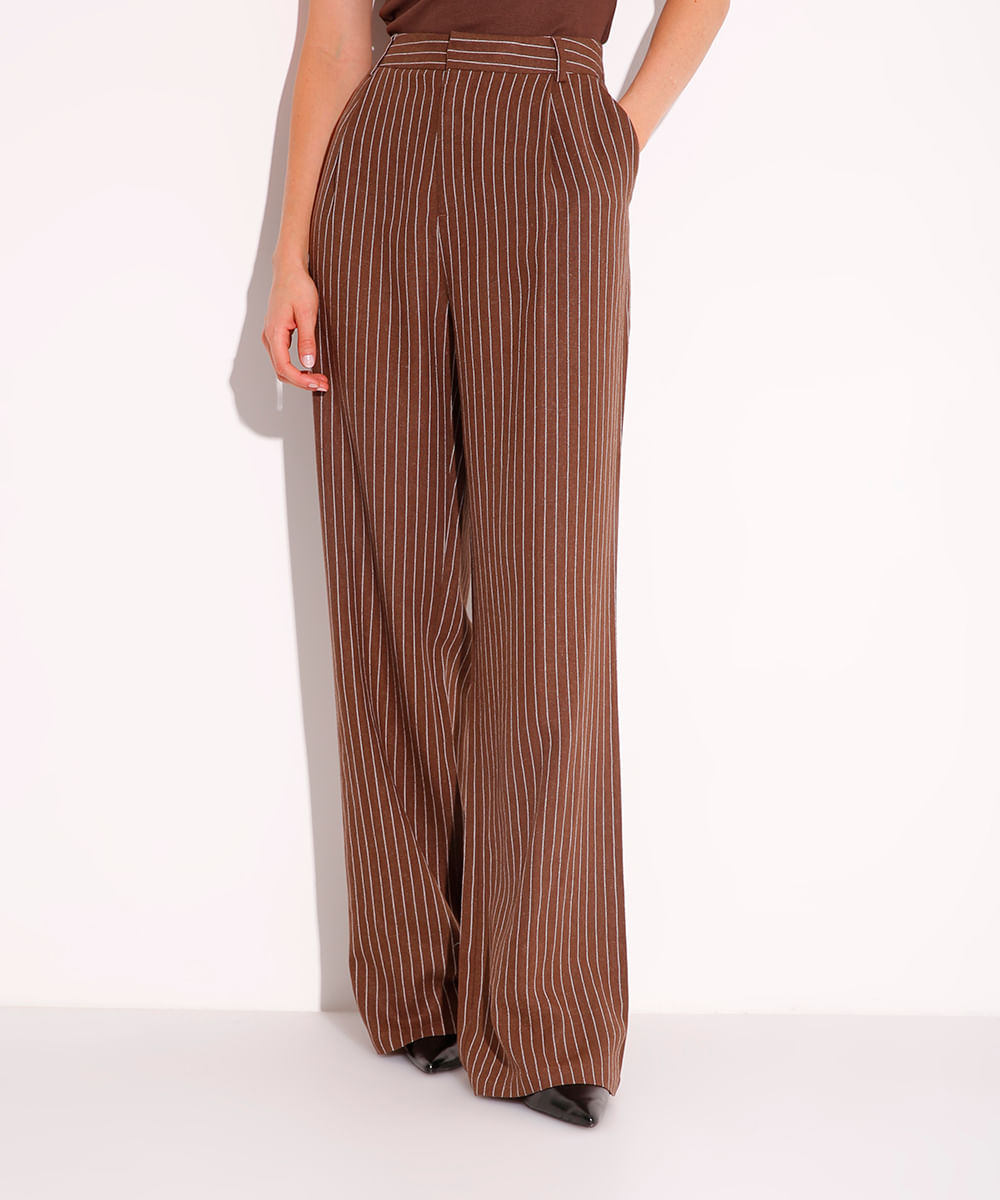 calça reta de linho risca de giz mindset marrom