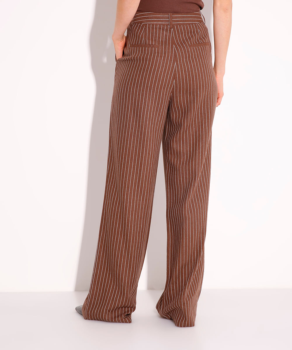 calça reta de linho risca de giz mindset marrom
