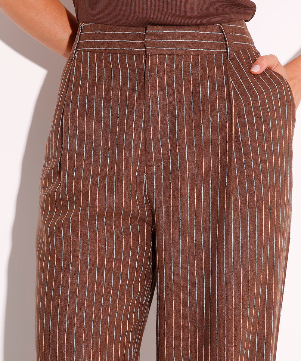 calça reta de linho risca de giz mindset marrom