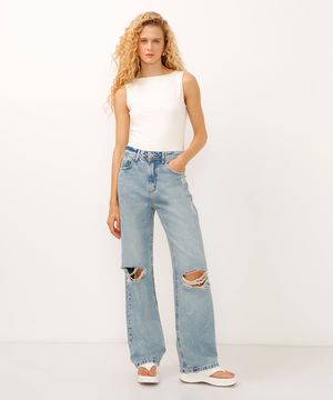 calça wide leg slim jeans cintura alta destroyed azul