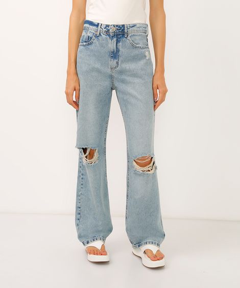calça wide leg slim jeans cintura alta destroyed azul