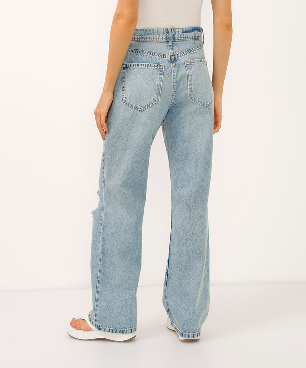calça wide leg slim jeans cintura alta destroyed azul