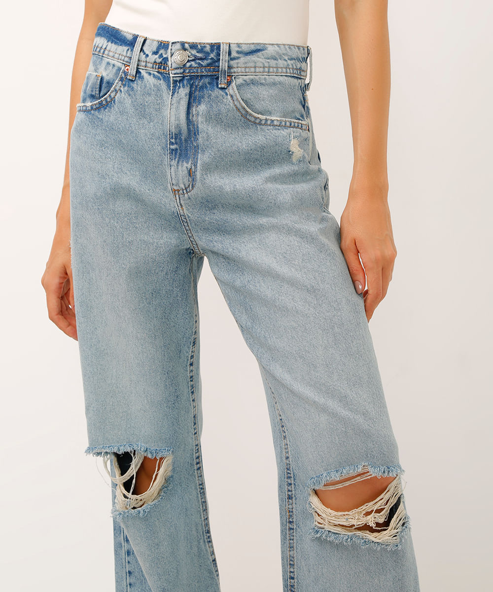 calça wide leg slim jeans cintura alta destroyed azul