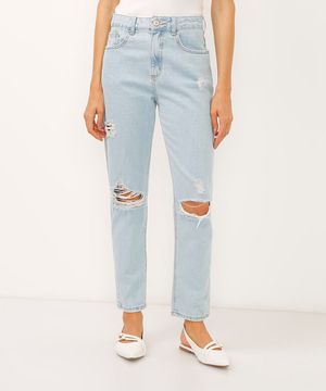 calça mom jeans cintura alta destroyed azul