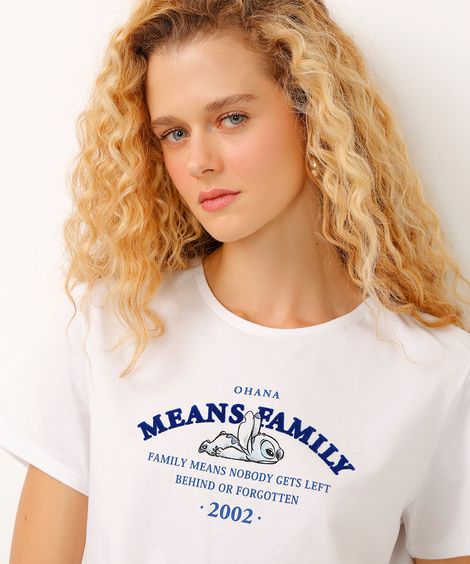 camiseta de algodão manga curta stitch means family branca