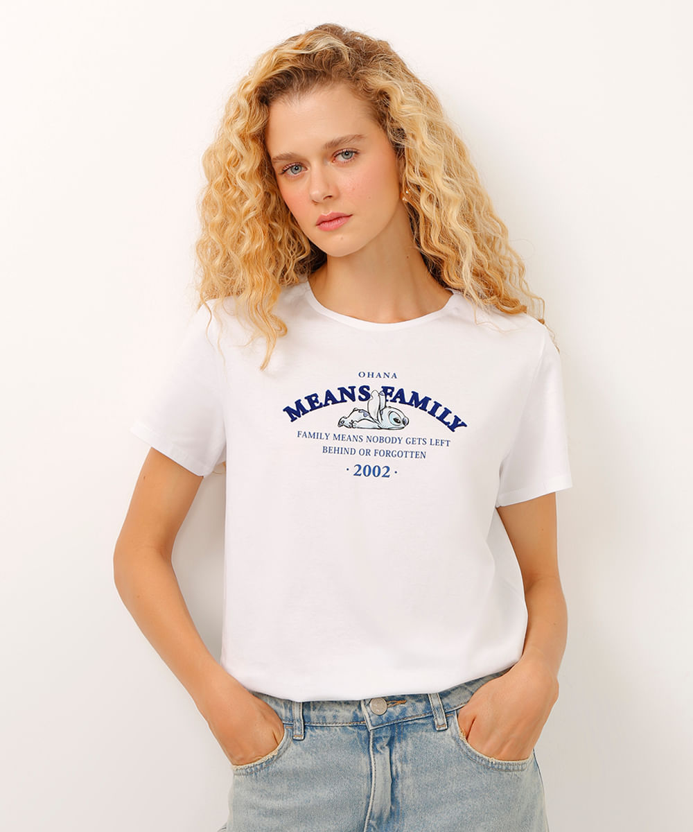 camiseta de algodão manga curta stitch means family branca