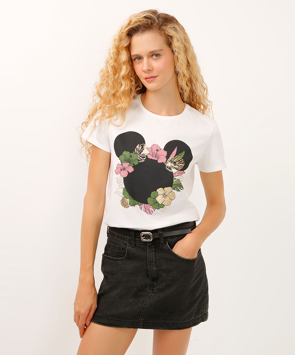 camiseta de algodão manga curta mickey floral off white
