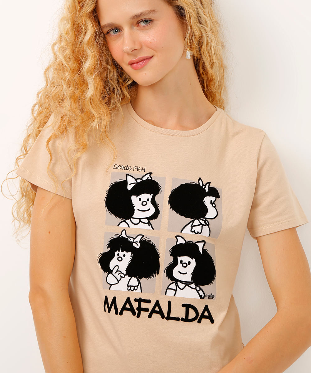 camiseta de algodão decote redondo mafalda bege