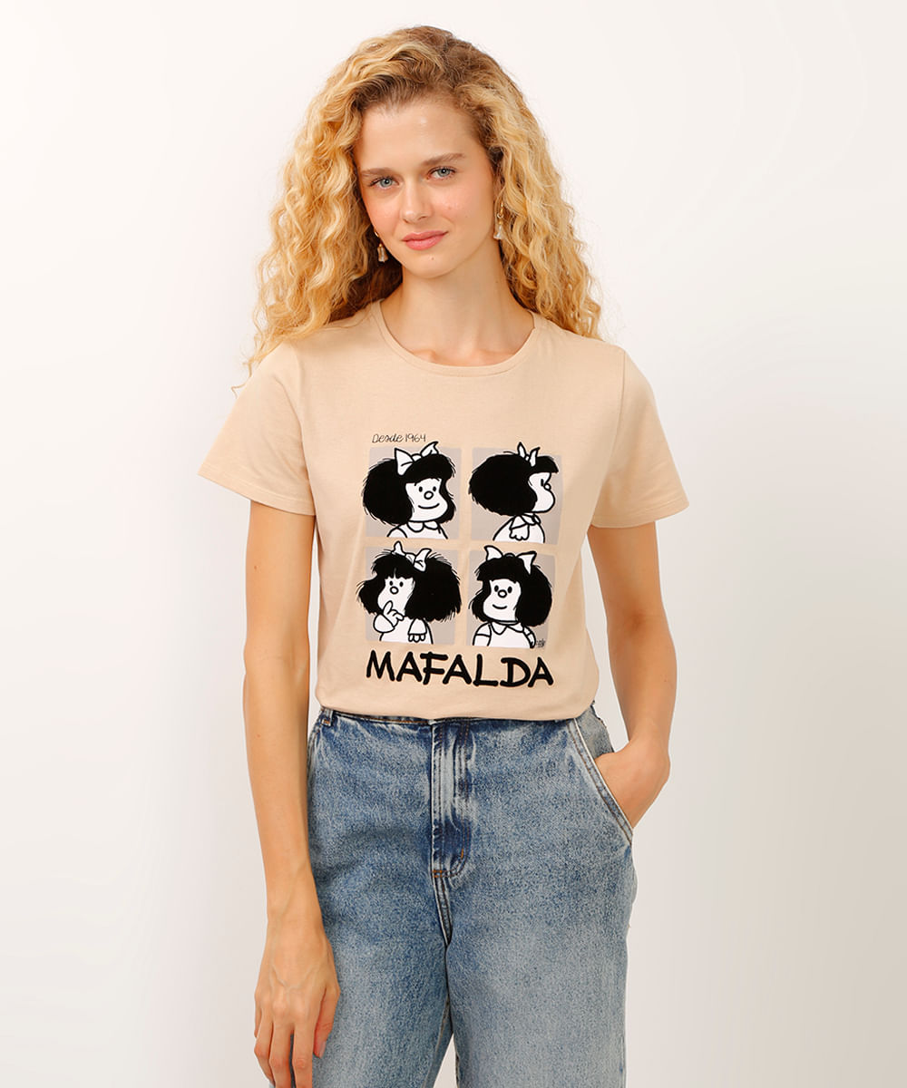 camiseta de algodão decote redondo mafalda bege
