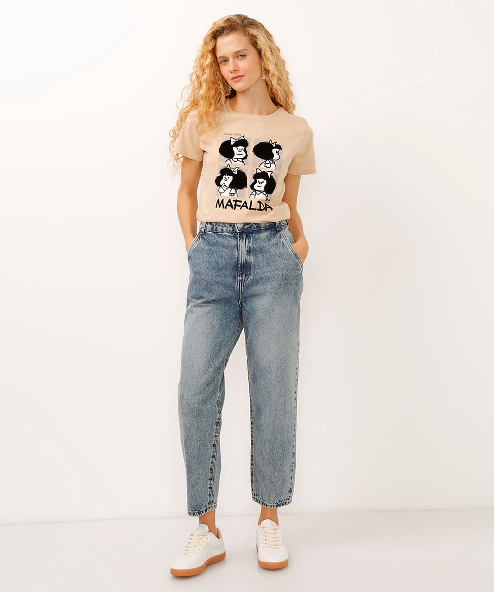 camiseta de algodão decote redondo mafalda bege