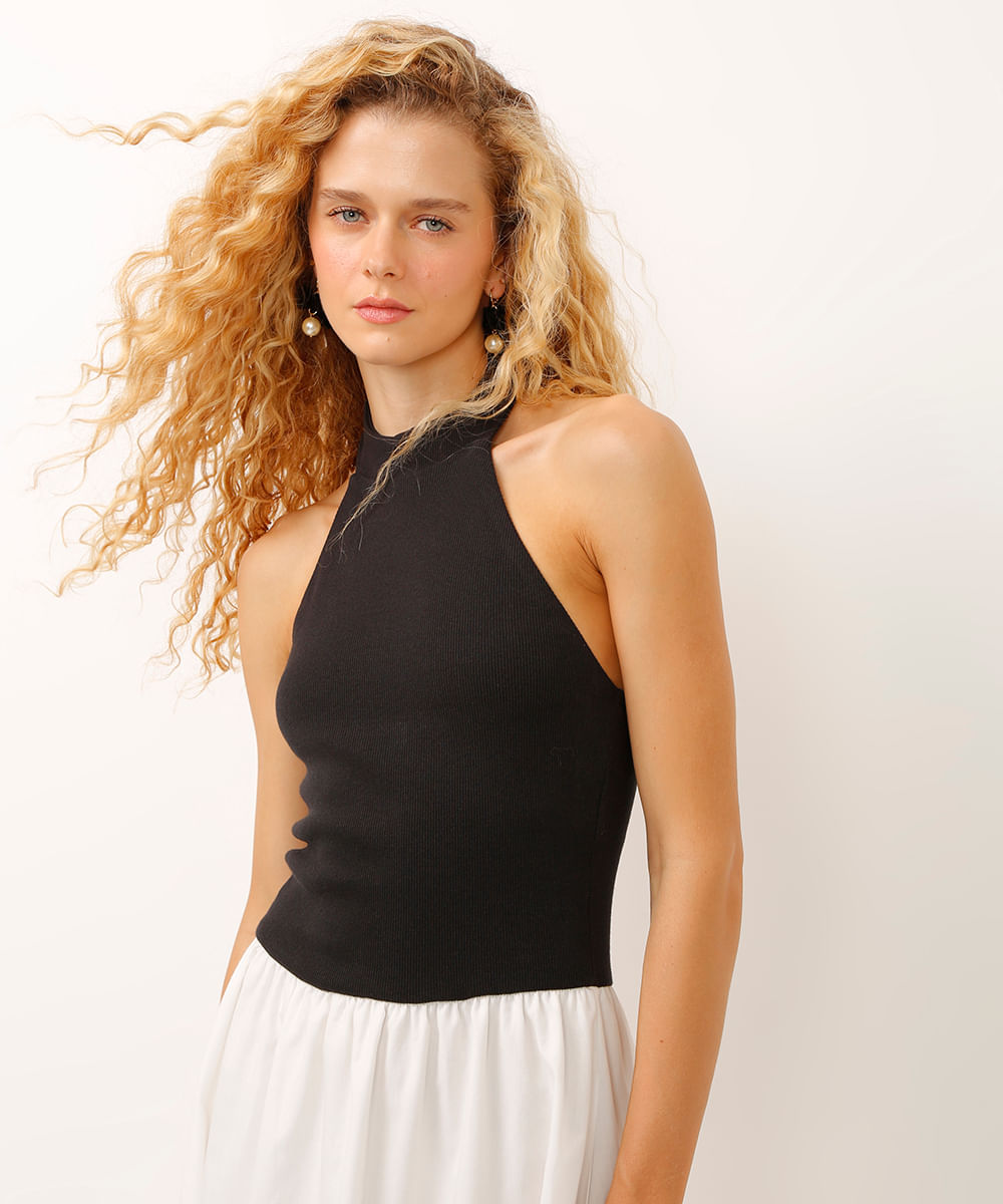 vestido midi halterneck bicolor off white