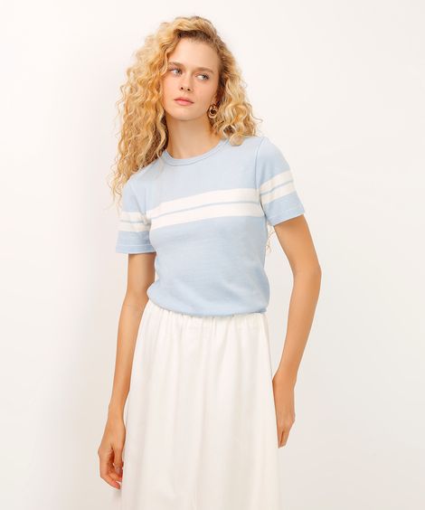 blusa de tricot listrada azul