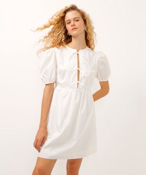 vestido curto manga bufante com laço off white