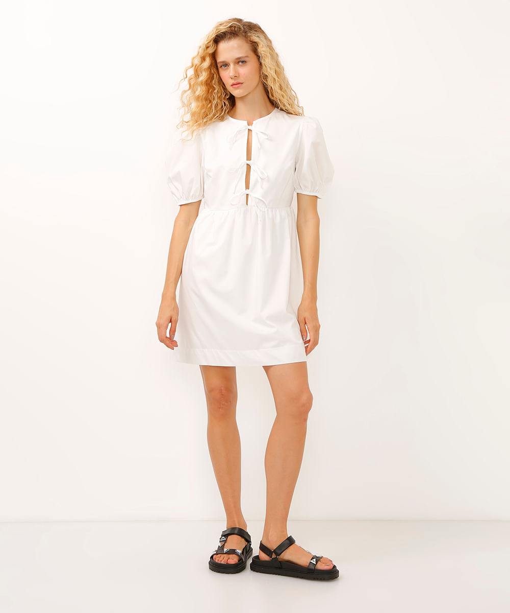 vestido curto manga bufante com laço off white