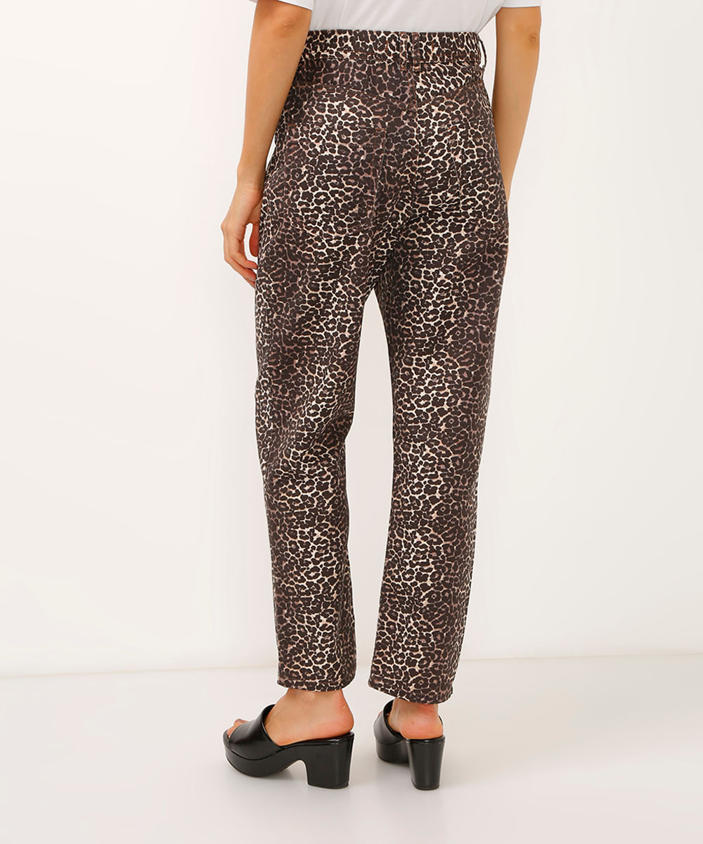 calça reta de sarja cintura alta animal print preta