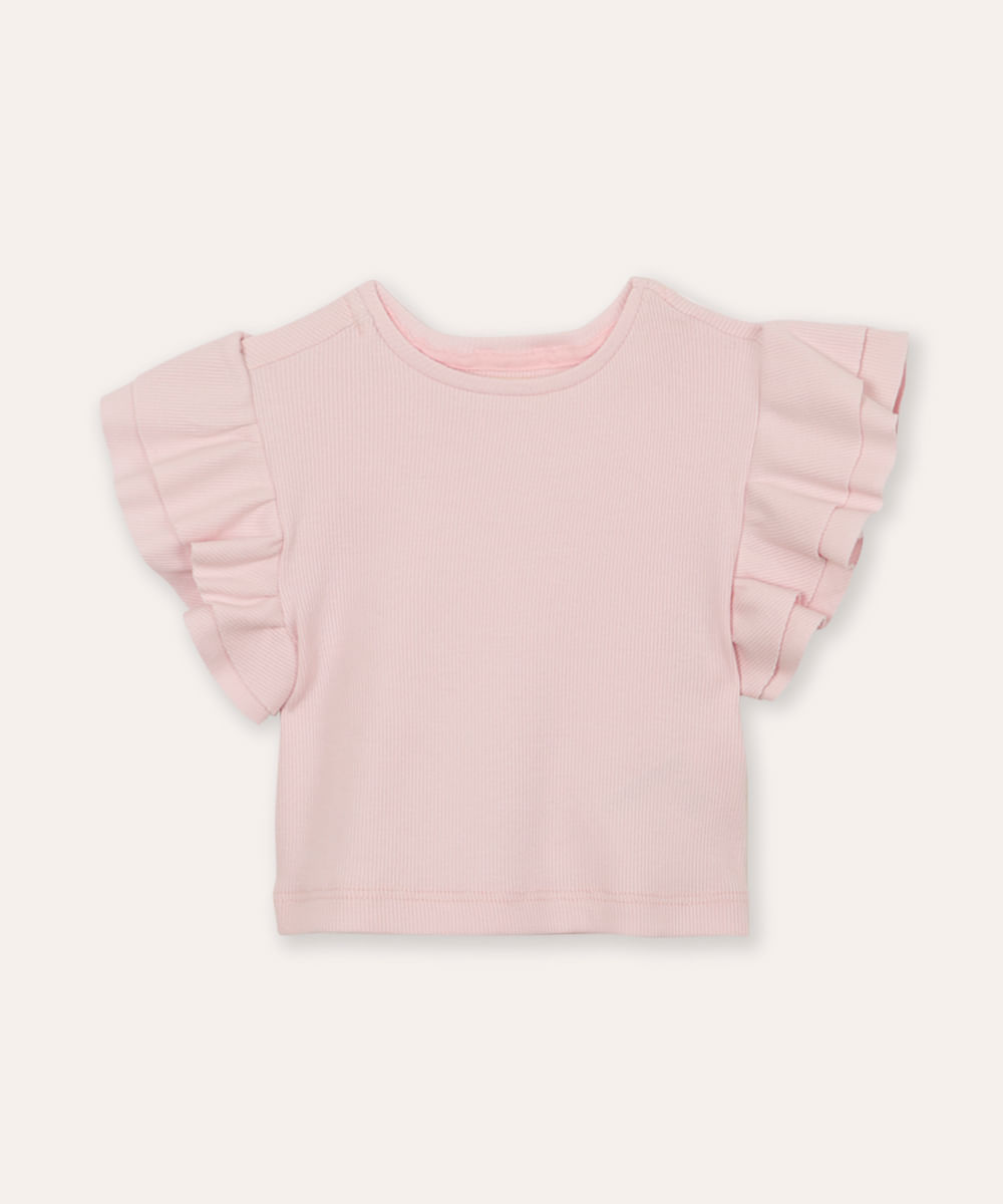 blusa infantil manga curta babados rosa