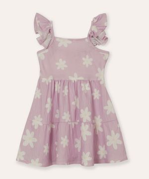 vestido midi infantil alça babados floral lilás