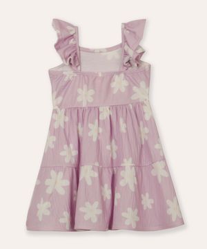 vestido midi infantil alça babados floral lilás