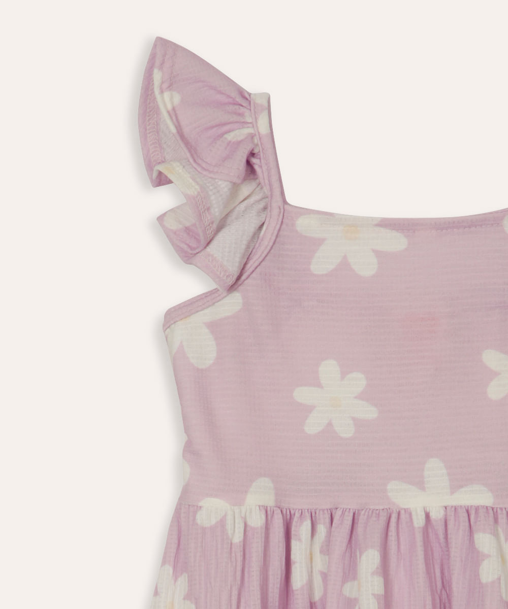 vestido midi infantil alça babados floral lilás