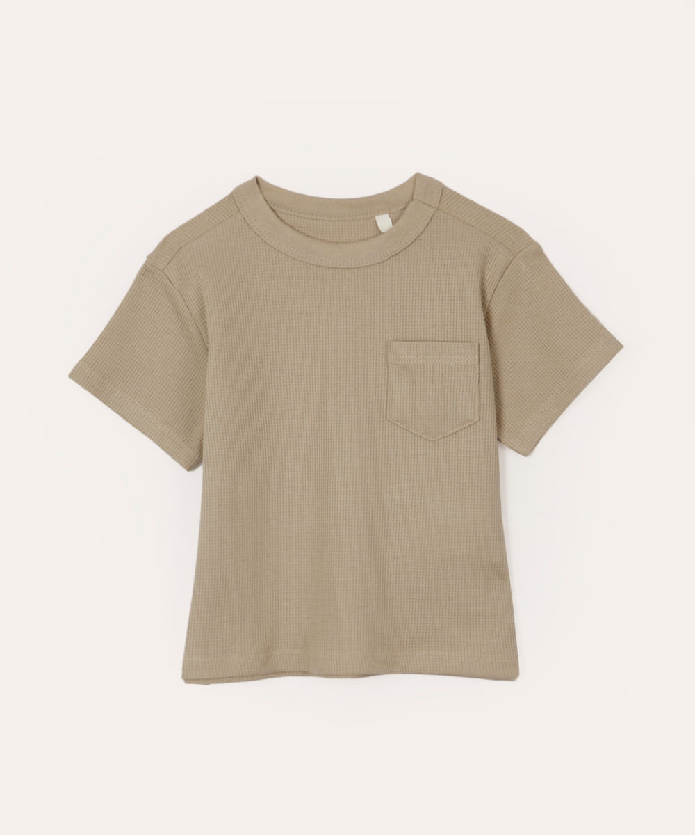camiseta de algodão infantil com bolso texturizada bege