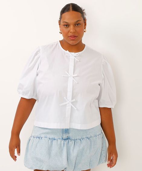 camisa de algodão manga bufante plus size mindset branca