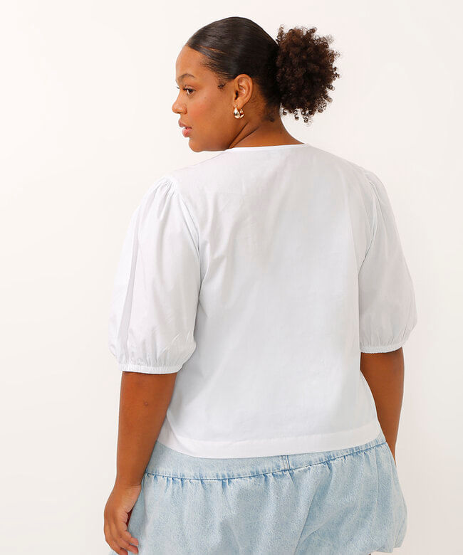 camisa de algodão manga bufante plus size mindset branca