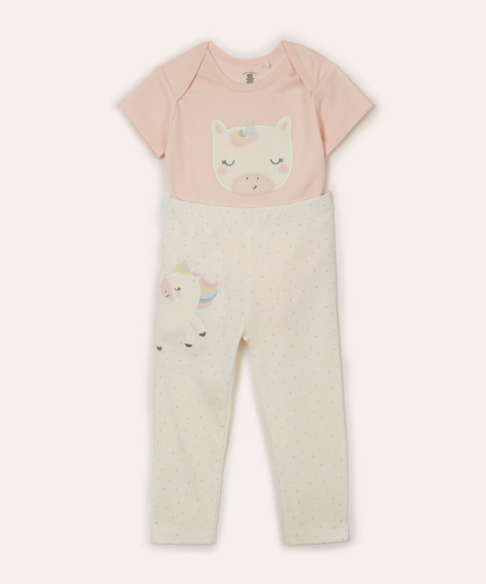 conjunto infantil longo poá e unicórnio rosa