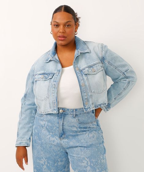 jaqueta cropped jeans plus size azul