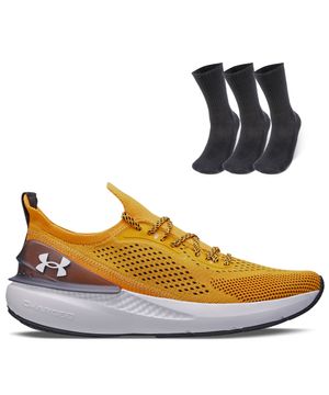 Kit 1 Tênis de Corrida Masculino Under Armour Charged Quicker e 3 pares de Meia cano alto Amarelo