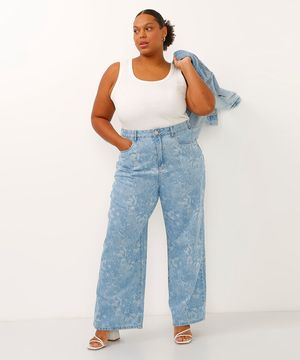 calça wide leg slim jeans cintura alta floral plus size azul