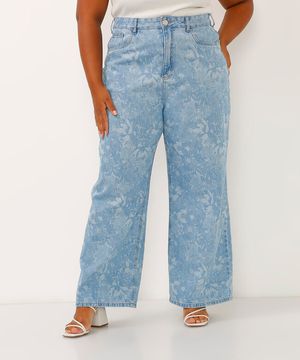 calça wide leg slim jeans cintura alta floral plus size azul