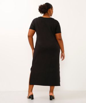 vestido midi plus size de viscose com fenda preto