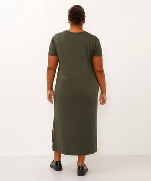 vestido midi plus size de viscose com fenda verde militar