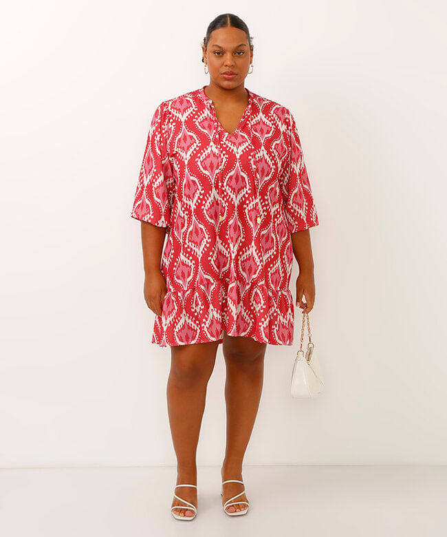vestido curto manga bufante com babados arabesco rosa