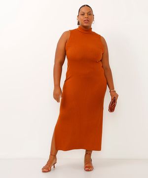 vestido midi plus size gola alta laranja