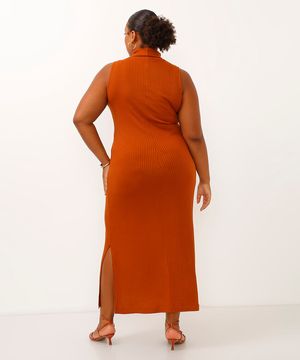 vestido midi plus size gola alta laranja