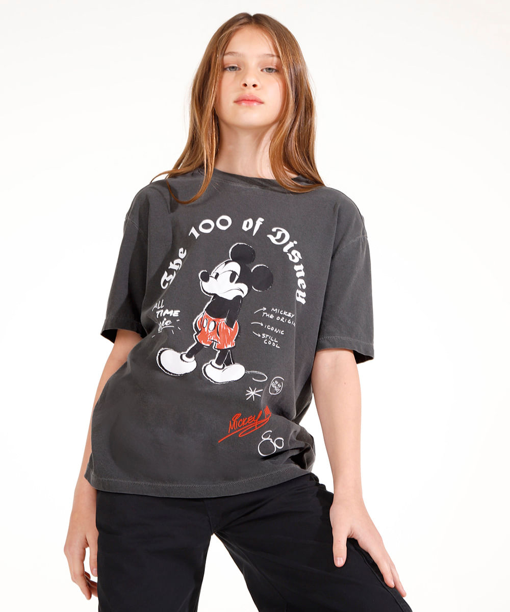 camiseta de algodão juvenil mickey manga curta preto