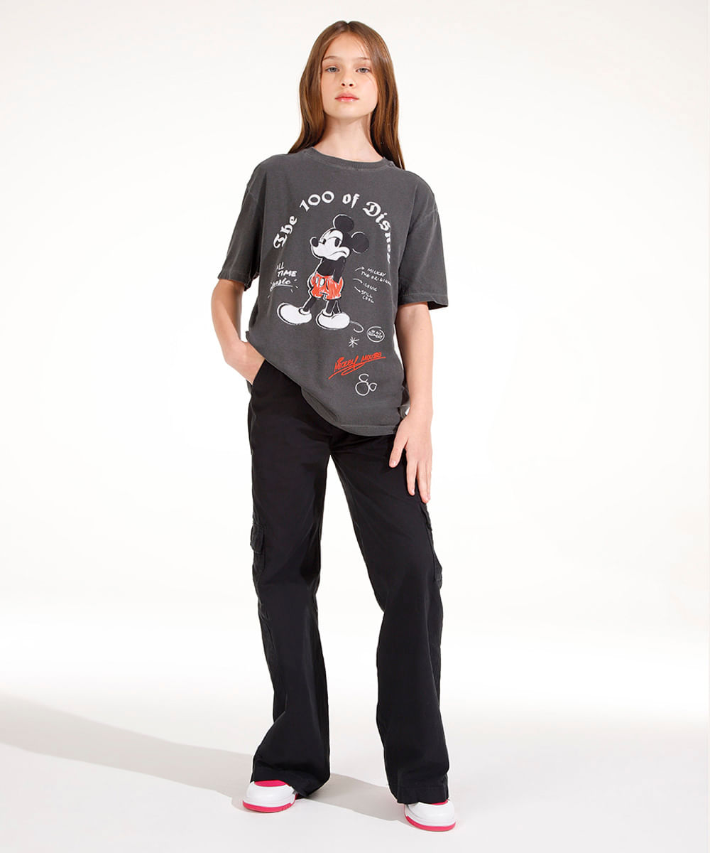 camiseta de algodão juvenil mickey manga curta preto