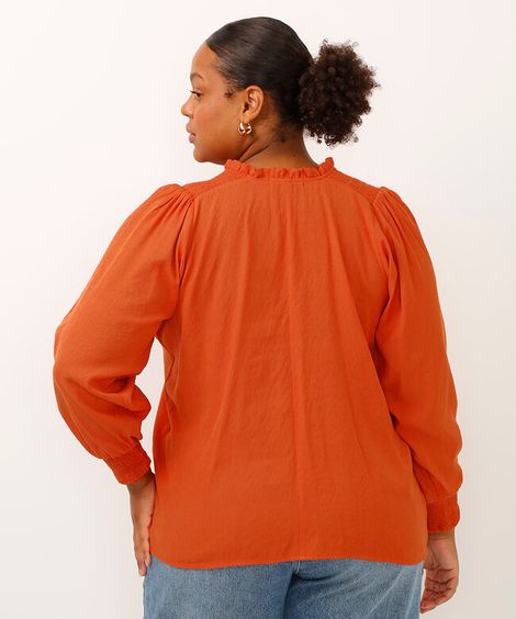 blusa plus size decote v manga longa bufante laranja