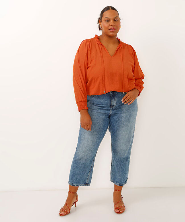 blusa plus size decote v manga longa bufante laranja