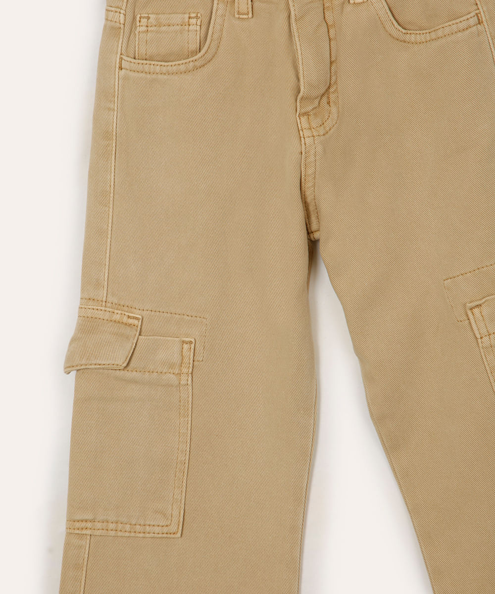 calça wide leg de sarja infantil bolsos cargo bege