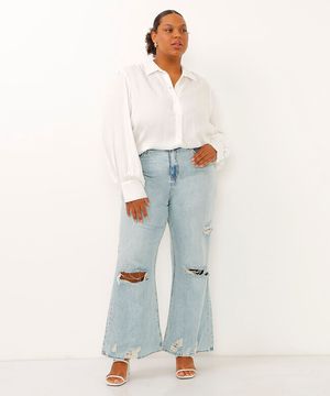 calça plus size wide jeans destroyed cintura super alta azul