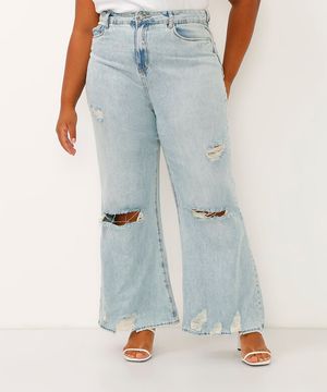 calça plus size wide jeans destroyed cintura super alta azul