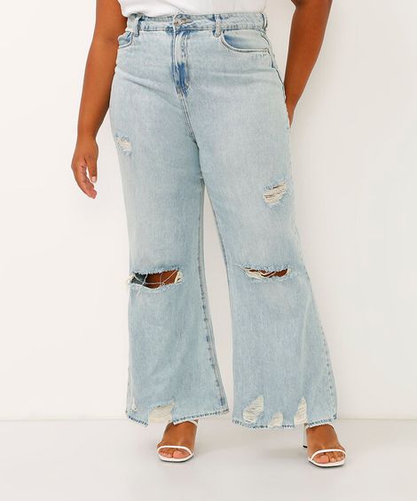 calça plus size wide jeans destroyed cintura super alta azul