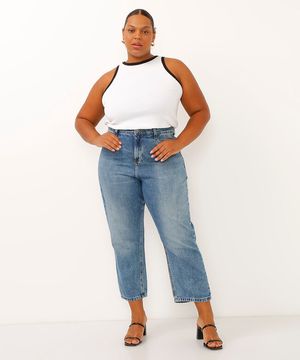 calça reta comfort jeans cintura alta plus size azul