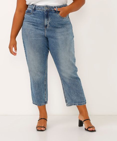 calça reta comfort jeans cintura alta plus size azul