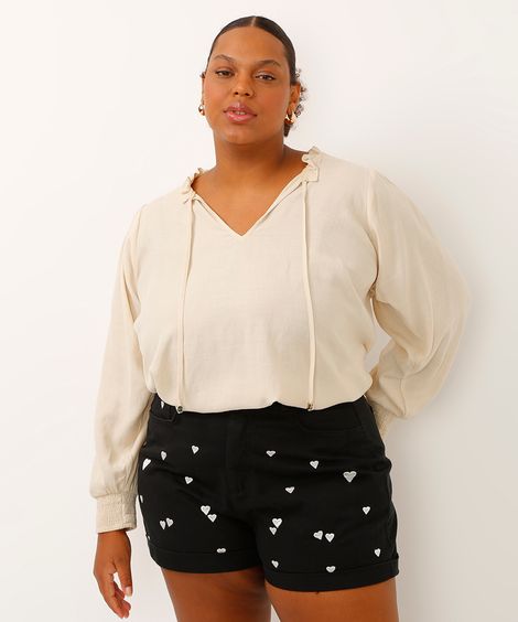 blusa plus size decote v manga longa bufante bege