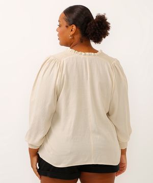 blusa plus size decote v manga longa bufante bege