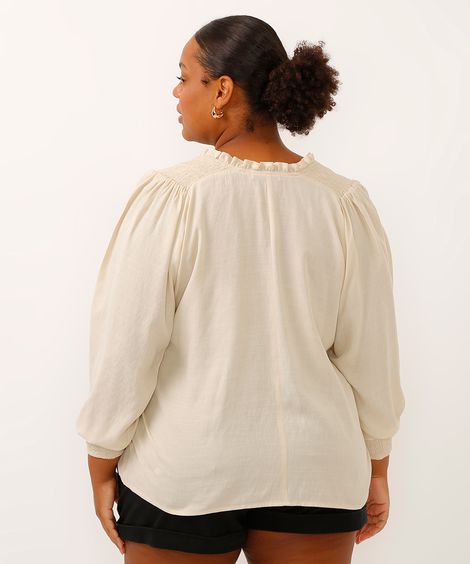blusa plus size decote v manga longa bufante bege